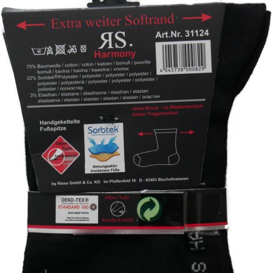 Preview: 4 Paar RS Harmony Socken Schwarz Diabetiker Herren 39-42 43-46