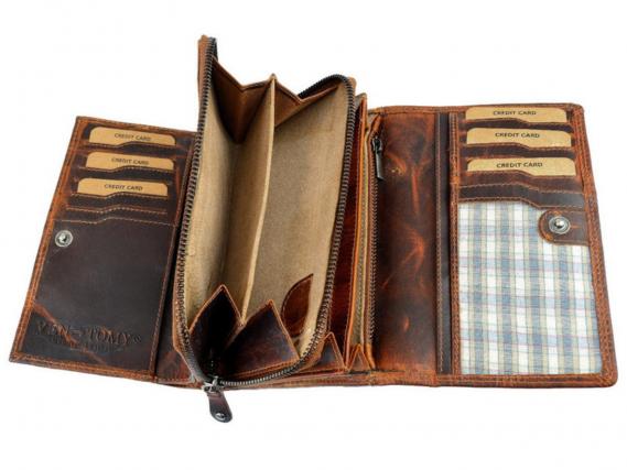 Damen Portemonnaie gewachstes Leder Braun mit RFID-Schutz mit Münzfach & viele Kartenfächer