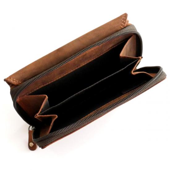 Damen Geldbörse Echt Leder Büffel Braun viele Kartenfächer RFID-Schutz & Münzfach mit Reißverschluss