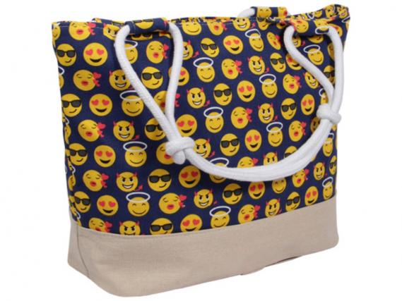 Shopper-Tasche Blau-Beige mit Emoji Motive & Reißverschluss | Damen Shopper XXL