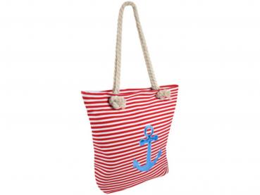 Maritime Strandtasche mit roten Streifen und blauem Anker | Schultertasche mit Innentasche