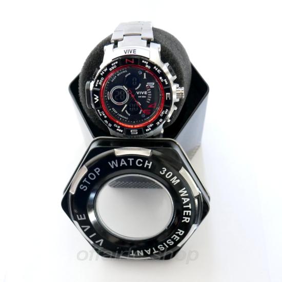 VIVE Uhr Herren Chronograph Silber-Rot mit Metallband | Top gebrauchte Armbanduhr