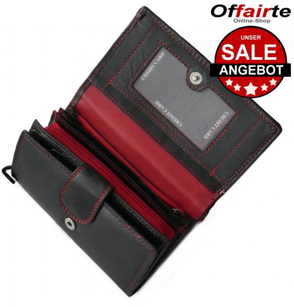 Geldbörse Damen SALE Echt Leder Schwarz/Rot 12 Kartenfächer Münzfach mit Reißverschluss