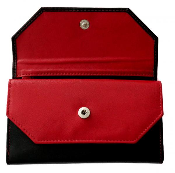 Geldbörse Damen SALE Echt Leder Schwarz-Rot 10 Kartenfächer & Münzfach im handlichen Format