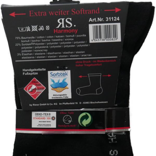 4 Paar RS Harmony Socken Schwarz Diabetiker Herren 39-42 43-46