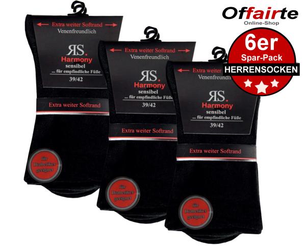 6 Paar RS Harmony Diabetiker Herren-Socken Schwarz 39-42