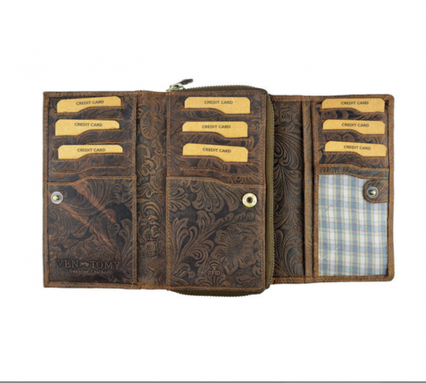 Damen Portemonnaie Büffelleder Braun Florales-Muster RFID Münzfach & viele Kartenfächer