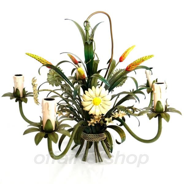 Florentiner Deckenlampe Metall 5 flammig floral gestaltet mit Ähren Kornblumen Gräser