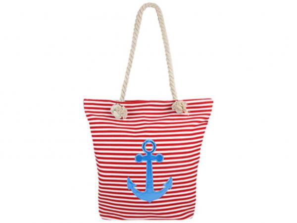 Maritime Strandtasche mit roten Streifen und blauem Anker | Schultertasche mit Innentasche